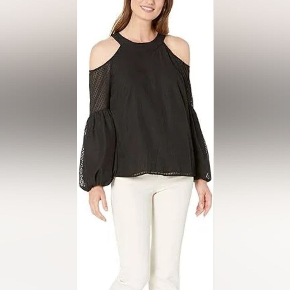 CeCe Clip Dot Cold Shoulder Blouse